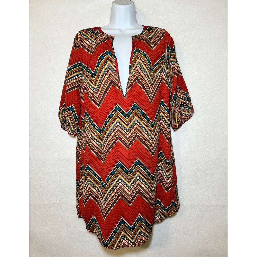 Sugarmint Southwestern Tribal Print V-Neck Oversized Boho Chic Tunic Top L